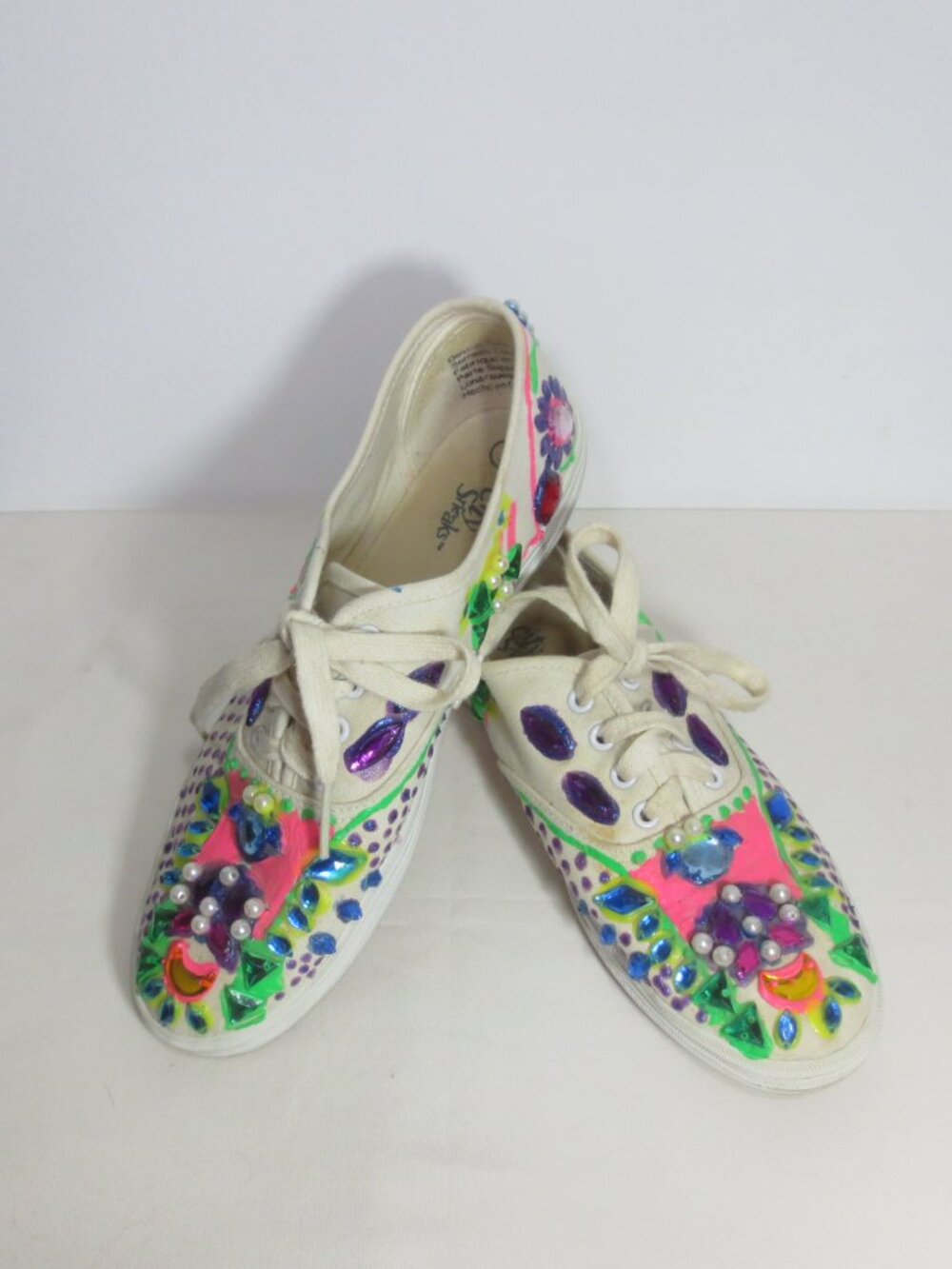 Handcrafted Sneakers Bright Colorful Jeweled One of a Kind Floral Canvas Size 7
